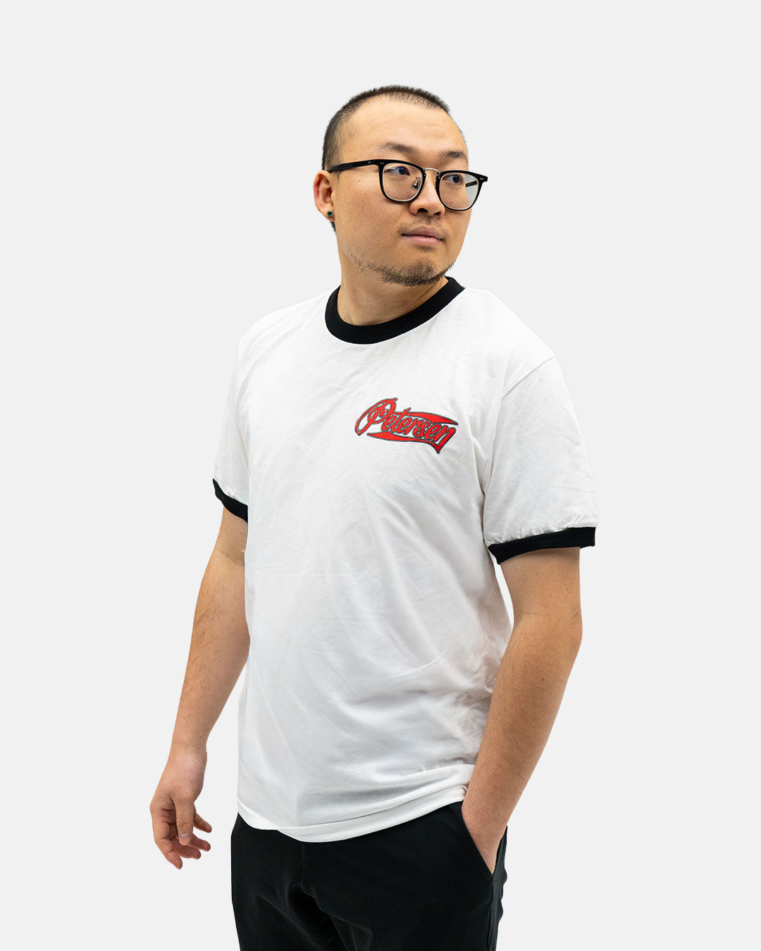 Petersen Tee - Varsity Ringer – Petersen Automotive Museum Store