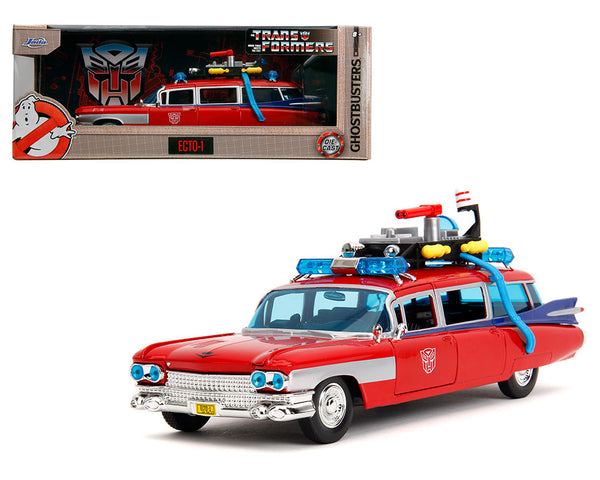 Jada 1:24 Ghostbusters x Transformers Ecto-1 with Optimus Prime Graphics – Red with Autobots Logo – Hollywood Rides