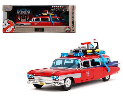 Jada 1:24 Ghostbusters x Transformers Ecto-1 with Optimus Prime Graphics – Red with Autobots Logo – Hollywood Rides