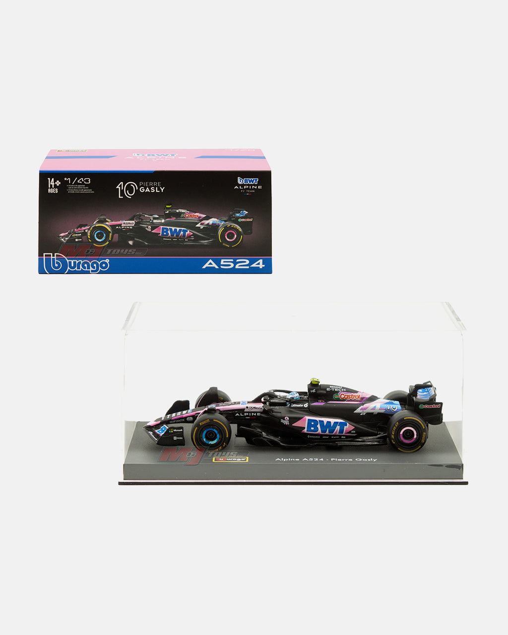 Bburago 1:43 BWT Alpine F1 Team A524 #10 Pierre Gasly in Acrylic Case with Seated Driver – Formula Racing