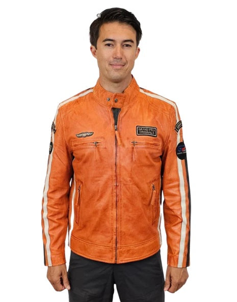 Men's Lambskin Leather Racing Jacket in GT Orange