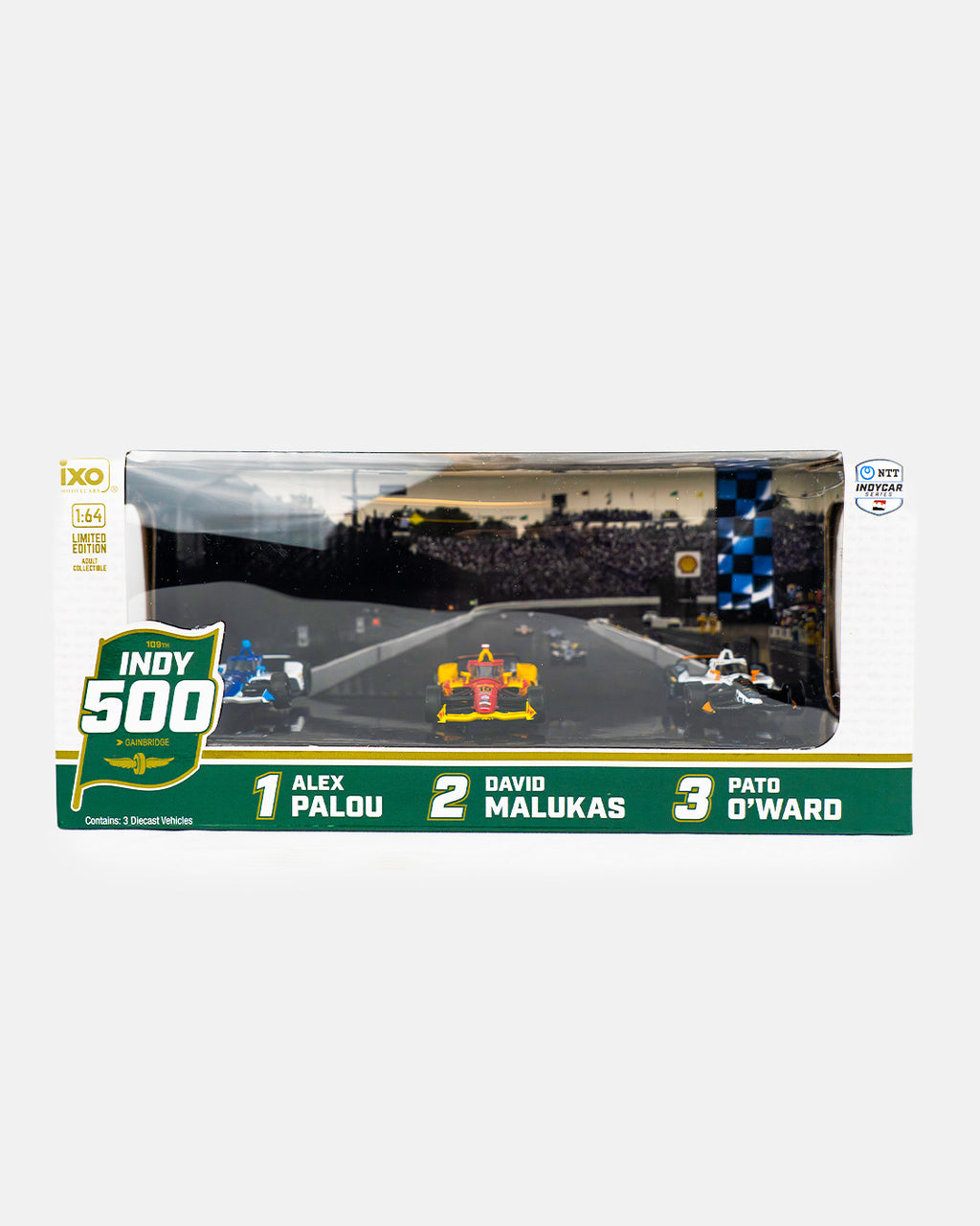 1:64 2025 Indianapolis 500 Victory Row Collector's Set - 1st Place, Alex Palou / 2nd Place, David Malukas / 3rd Place, P