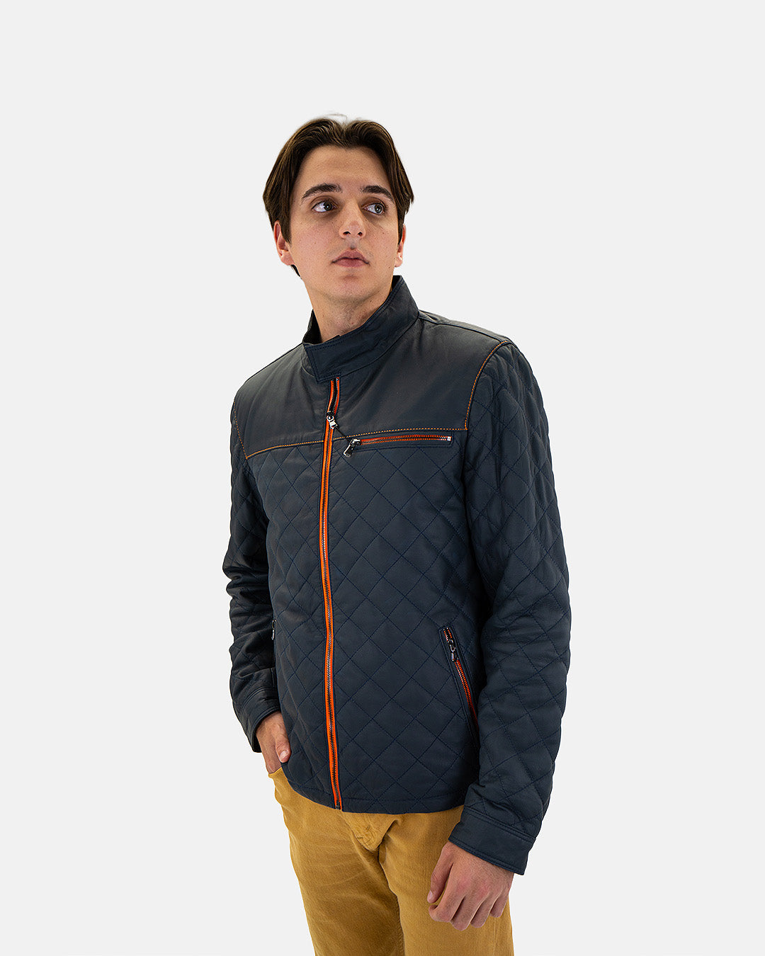 Men's Belrose Lambskin Leather Jacket in Contrast Indigo-Orange