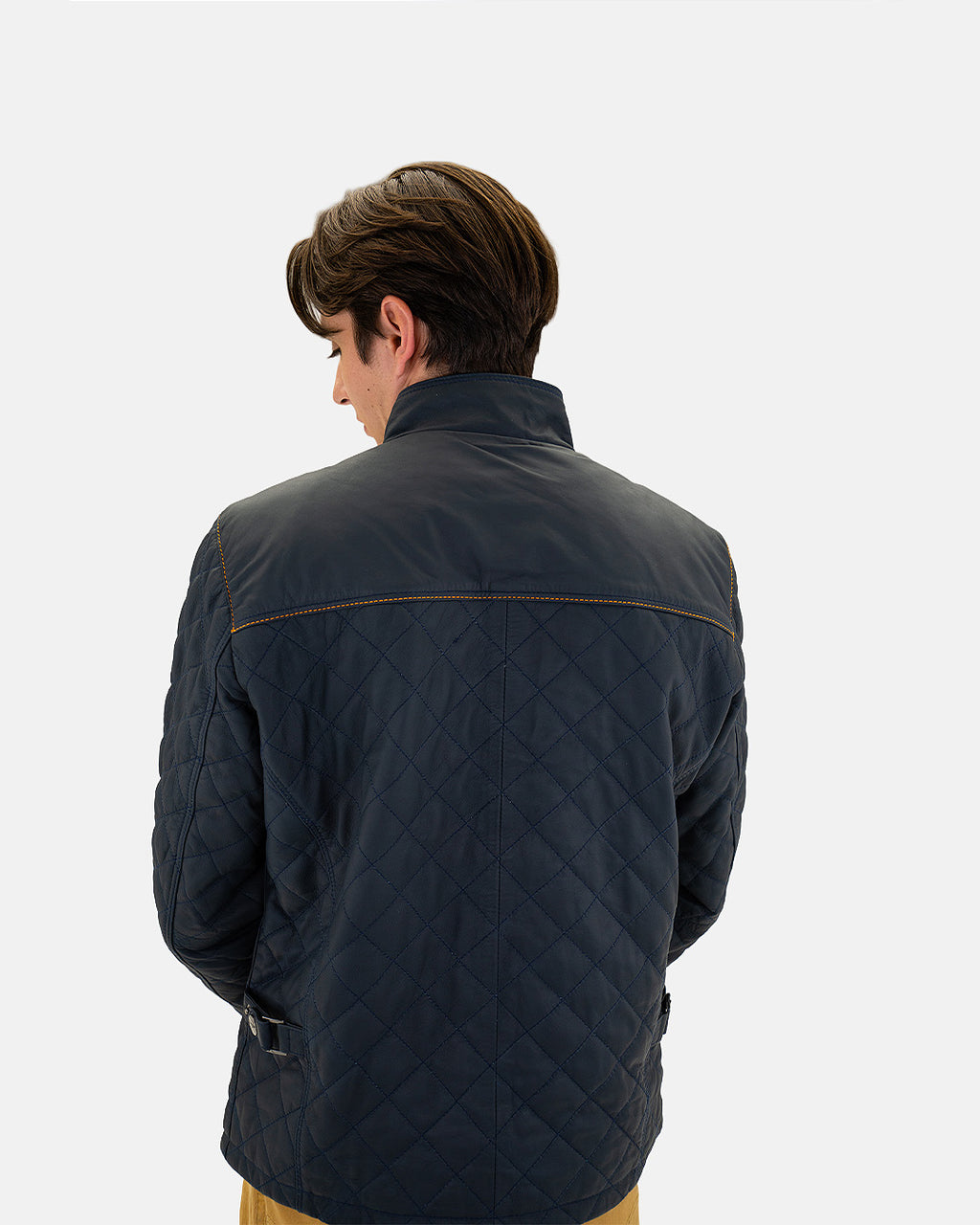 Men's Belrose Lambskin Leather Jacket in Contrast Indigo-Orange