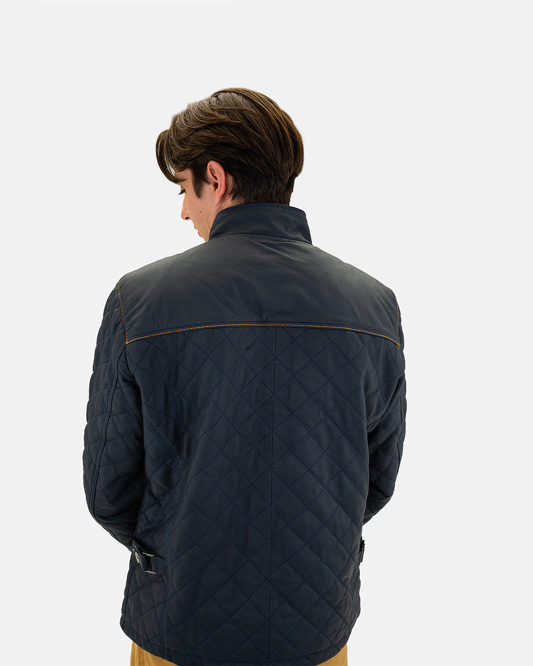Men's Belrose Lambskin Leather Jacket in Contrast Indigo-Orange
