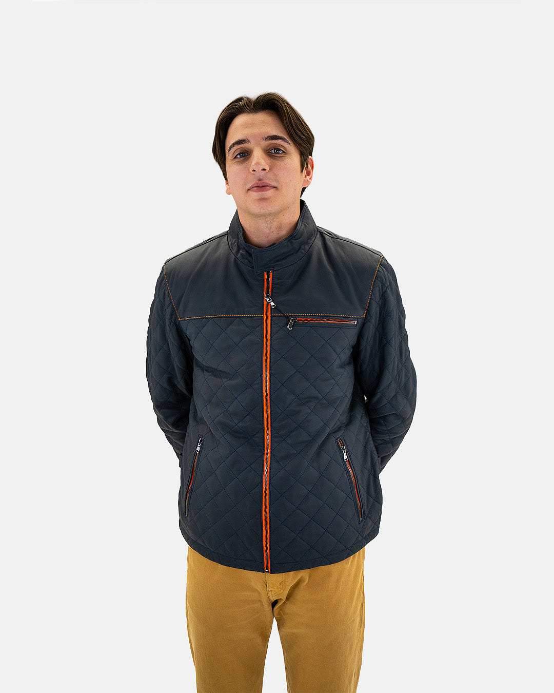 Men's Belrose Lambskin Leather Jacket in Contrast Indigo-Orange