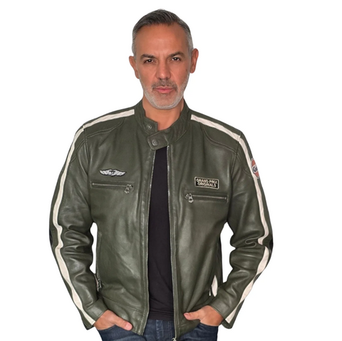 Men's Gulf Lambskin Leather Racing Jacket in Vintage Olive Green